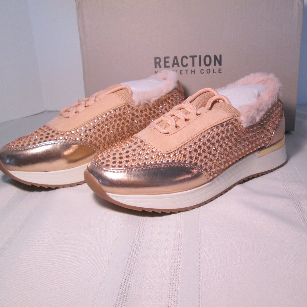 Kenneth Cole Cari Cozy Rose Gold Jeweled Faux Fur Sneakers Sz 6 NWT
